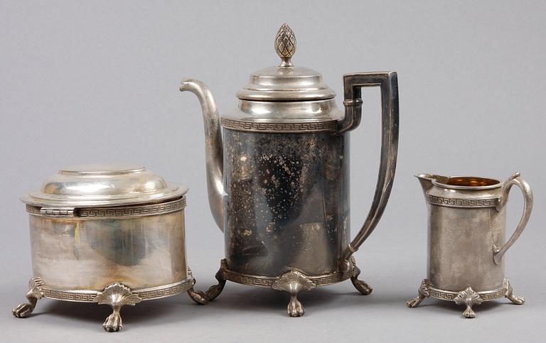 KAFFESERVIS, 3 delar, nysilver, sengustaviansk stil, AG Dufva, Stockholm omkring 1900.