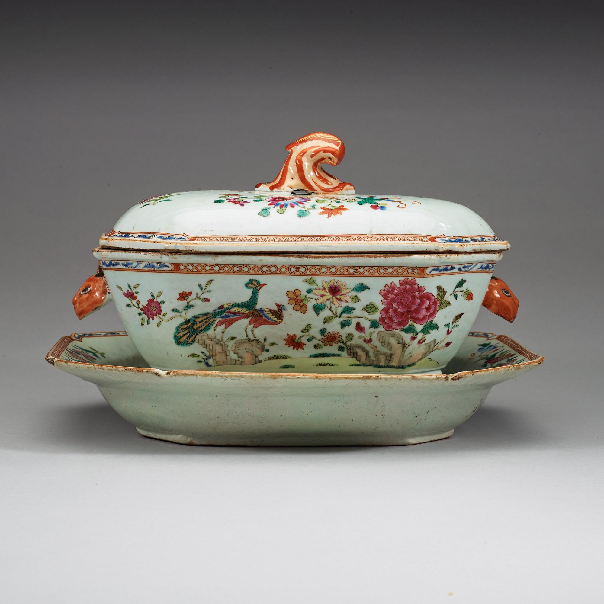 A famille rose 'double peacock' tureen with cover and stand, Qing dynasty, Qianlong (1736-95).