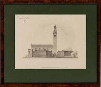 Three architectural drawings, pencil, 20th Century.