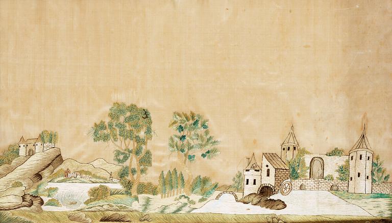 EMBROIDERY, silk. 25 x 43 cm. Sweden around 1800.