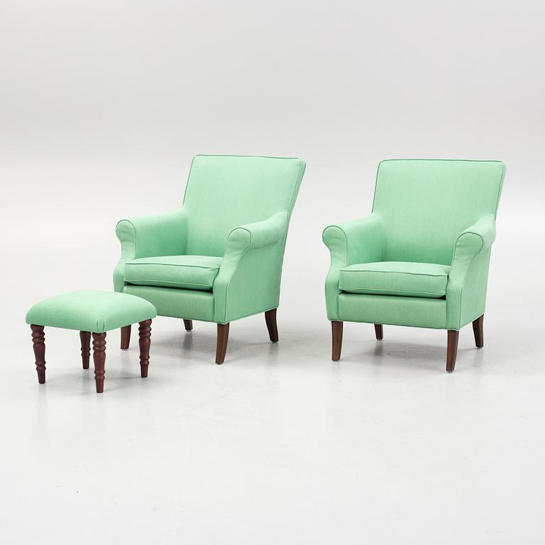 Marie Norell-Möller, fåtöljer, ett par, "Leo", Norell Möbler samt en fotpall.