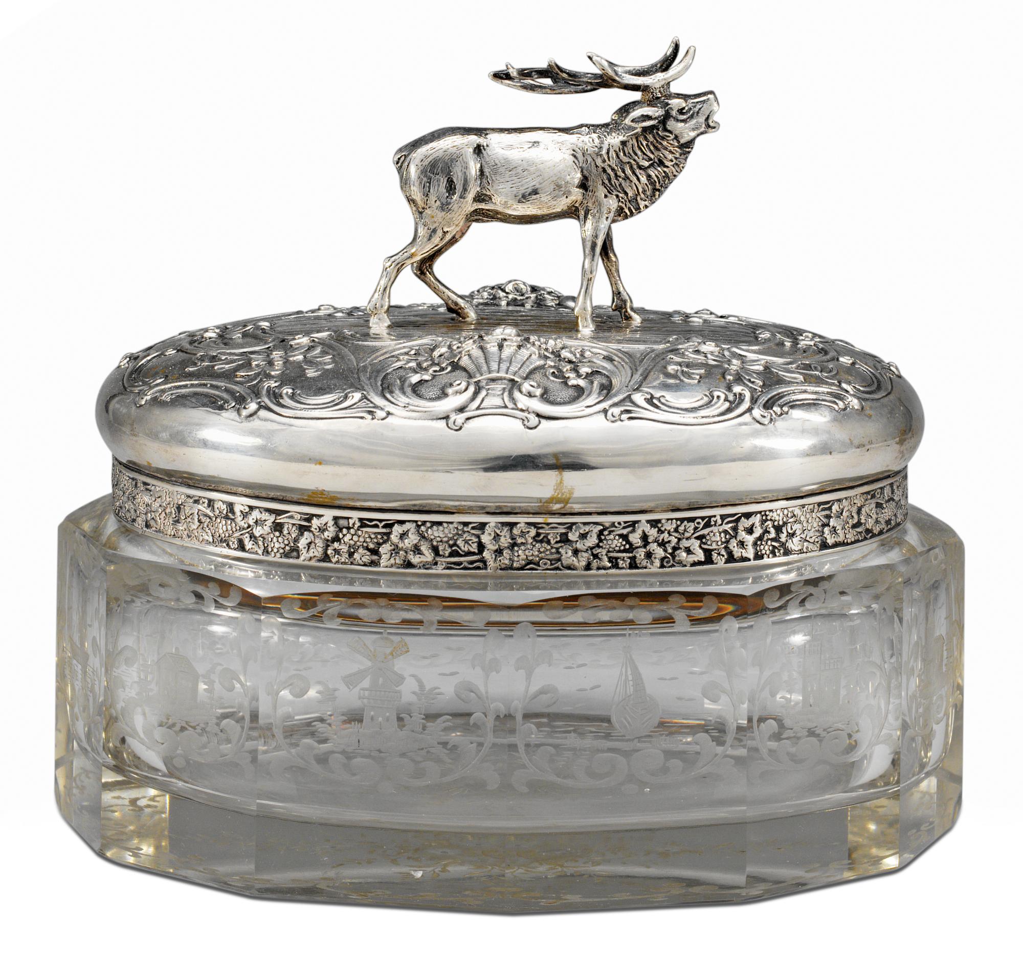 BURK med LOCK, glas och silver 800. Trol Holland sekelskiftet 1800/1900.