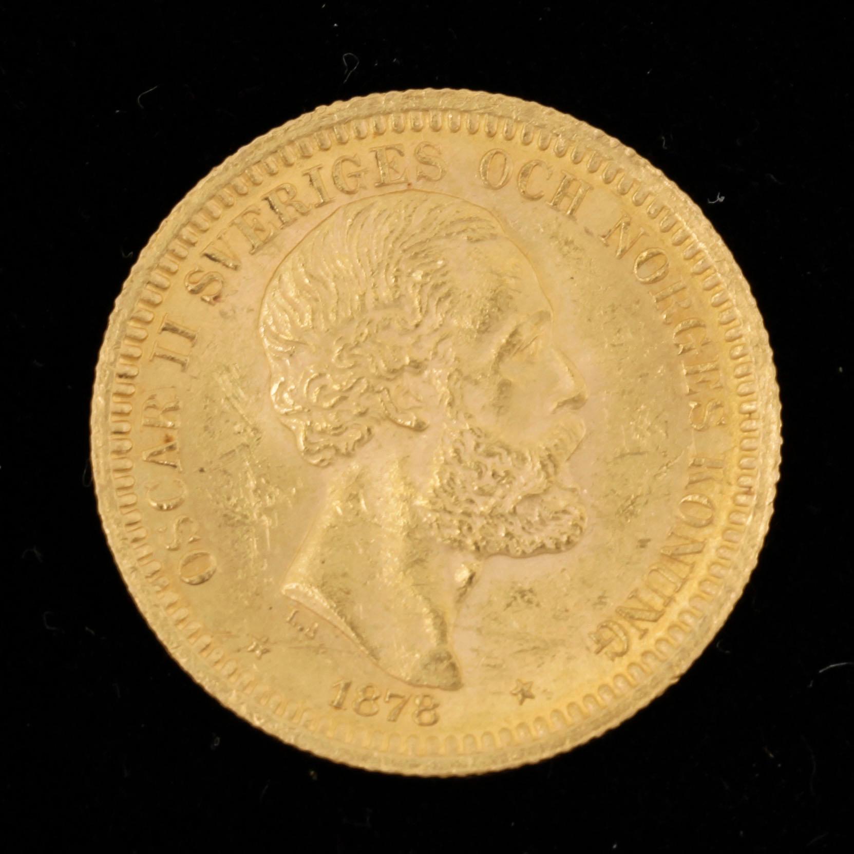 GULDMYNT, 20 Kronor, Oscar II, Sverige-Norge 1878. Vikt ca 8 gram.