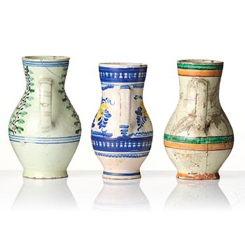 A group of seven European faiance and earthenware pitchers, partly France and Italy 19th century.