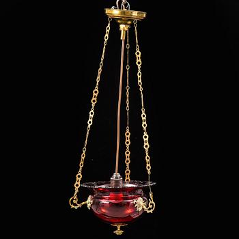 A red glass hanging lamp, second half of the 19th century.