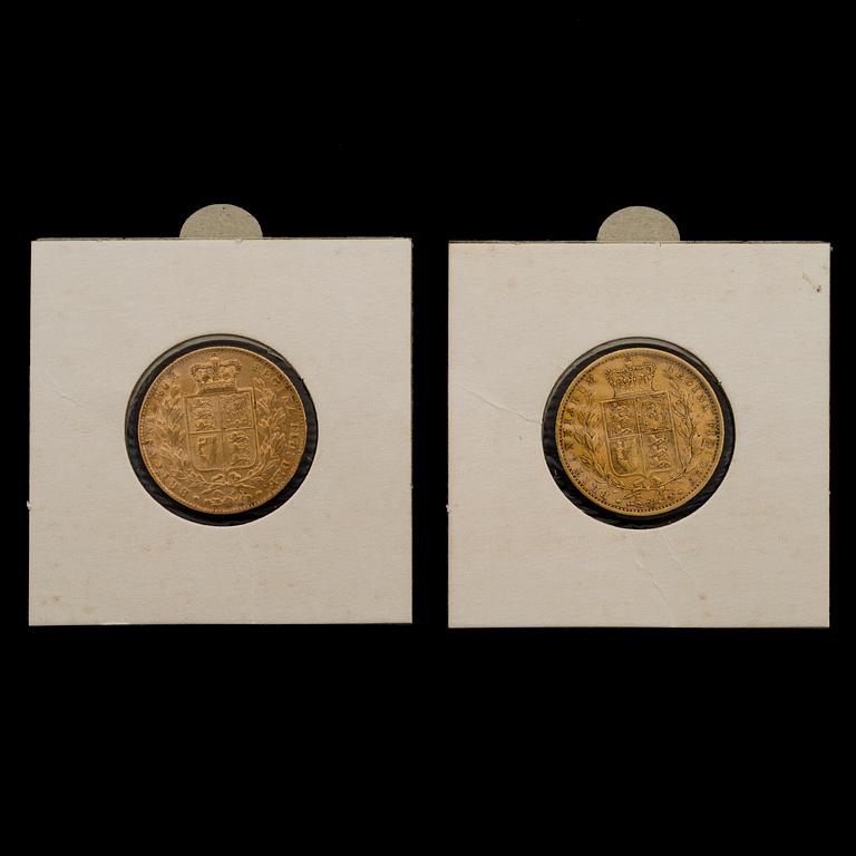 GULDMYNT, 2 st, Victoria Young Head Shield Sovereign-mynt, 1845 och 1862.