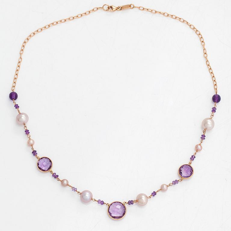 An 18K rose gold necklace, with amethysts and cultured pearls. Italy.