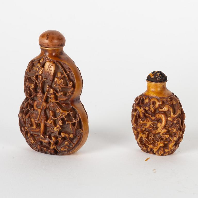 Two carved snuff bottles, China, 20th century.