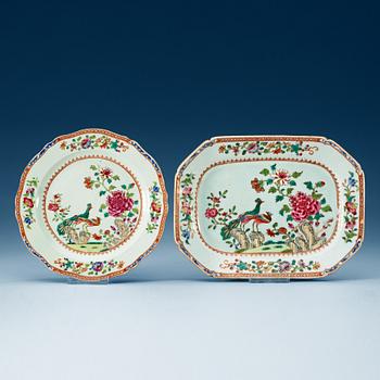 1610. A famille rose 'double peacock' serving dish and a dinner plate. Qing dynasty, Qianlong (1736-95).