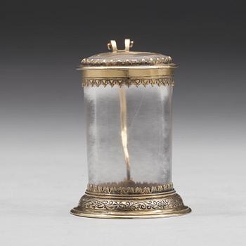 Miniatyrdryckeskanna, ostämplad, förgyllt silver och bergkristall, Tyskland 1600-talets förra hälft, barock.