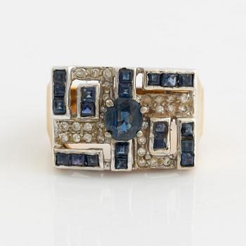 Gold sapphire and eight cut diamond ring.