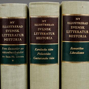 BOKPARTI OM SVENSL LITTERATURHISTORIA, 13 vol, bla Den svenska litteraturen, I-IV, Lönnroth o Delblanc, 1987-89.