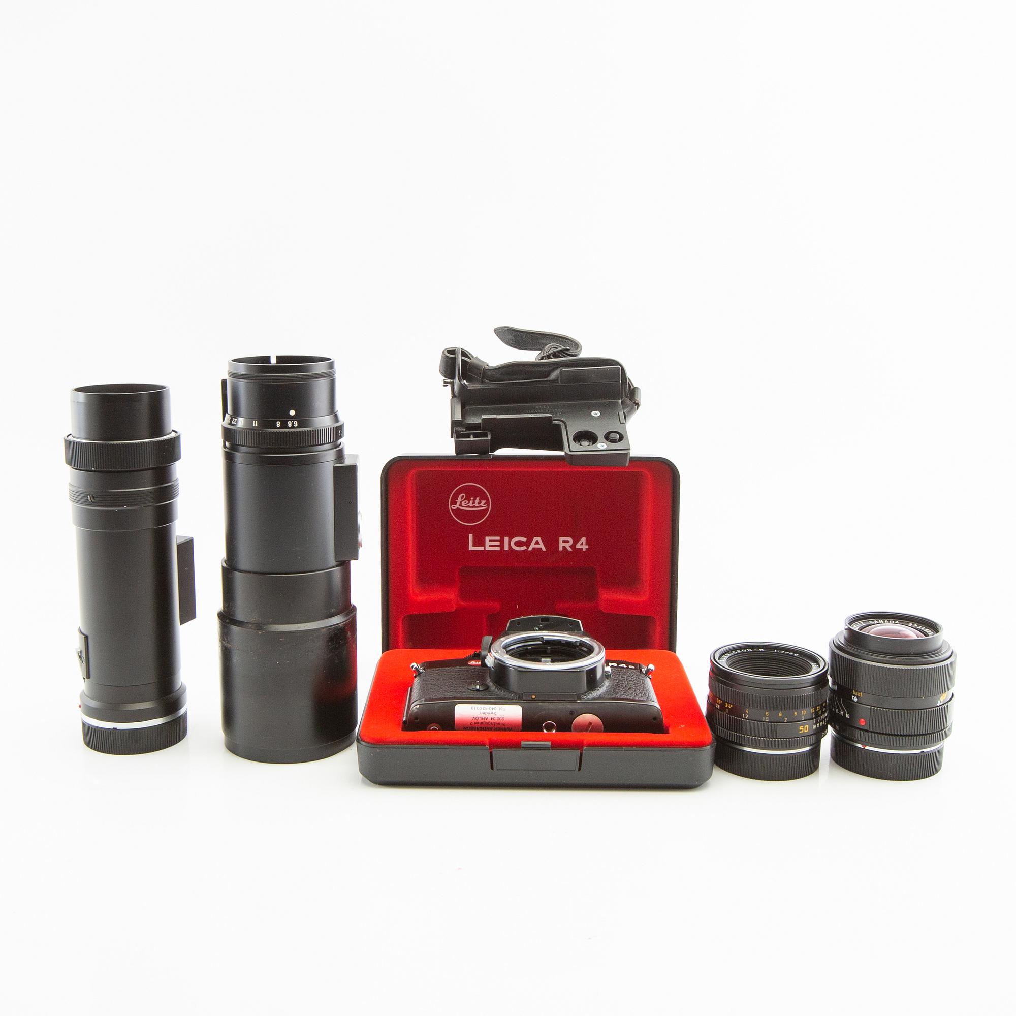 Leica R4s camera body, lens, and accessories.