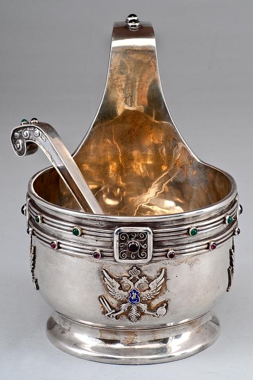 A FABERGÉ SILVER KOVSCH WITH LADLE.