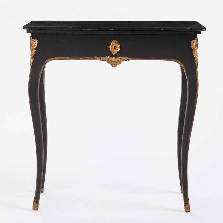 A japanned and gilt-brass mounted table attributed to L- Nordin, Stockholm, later part of the 18th century.