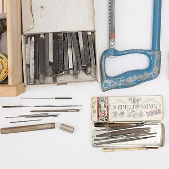 Watchmaking tools and spare parts, including a lathe by Lorch.