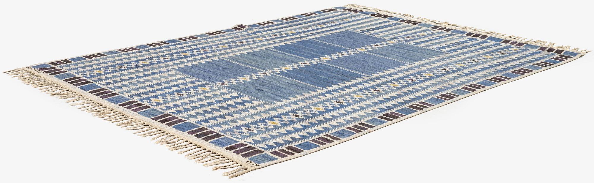 Barbro Nilsson, a carpet, 'Salerno blå', flat weave, c. 245 x 182 cm, signed AB MMF BN.