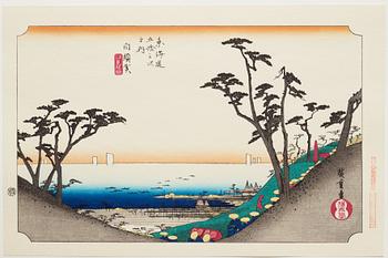 ANDO HIROSHIGE, senare avdrag, mapp, "The fifty-three stations on the tokaido", utgiven av Kata Hanga Kenkyujo.