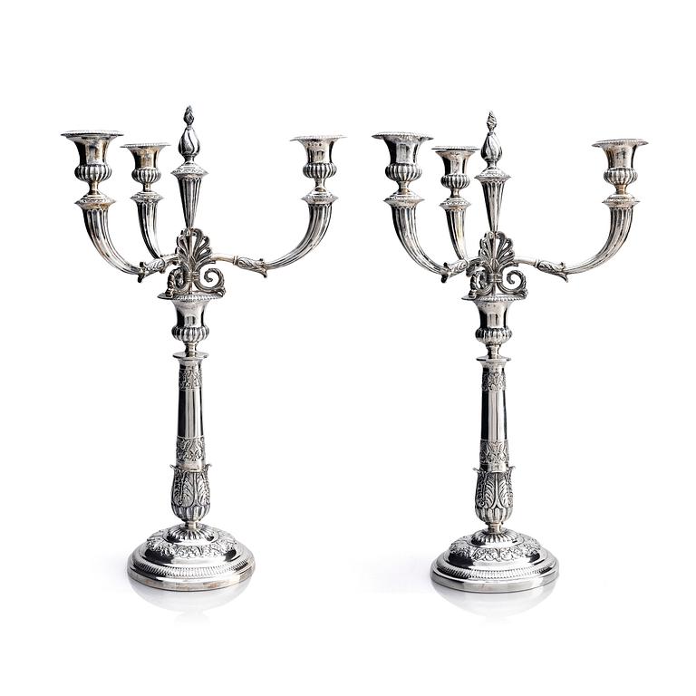 A pair of Danish 19th century silver candelabras, marks of Caspar Julius Wrom, Copenhagen 1834.