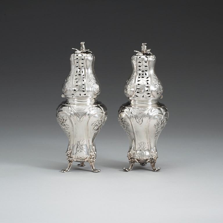 A Swedish 18th century silver sugar-casters, marked Lorentz Lindgren, Borås 1779, and one later copy with false marks.