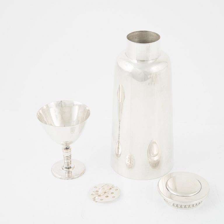 Shaker, tray and cocktail glass, silver plated.