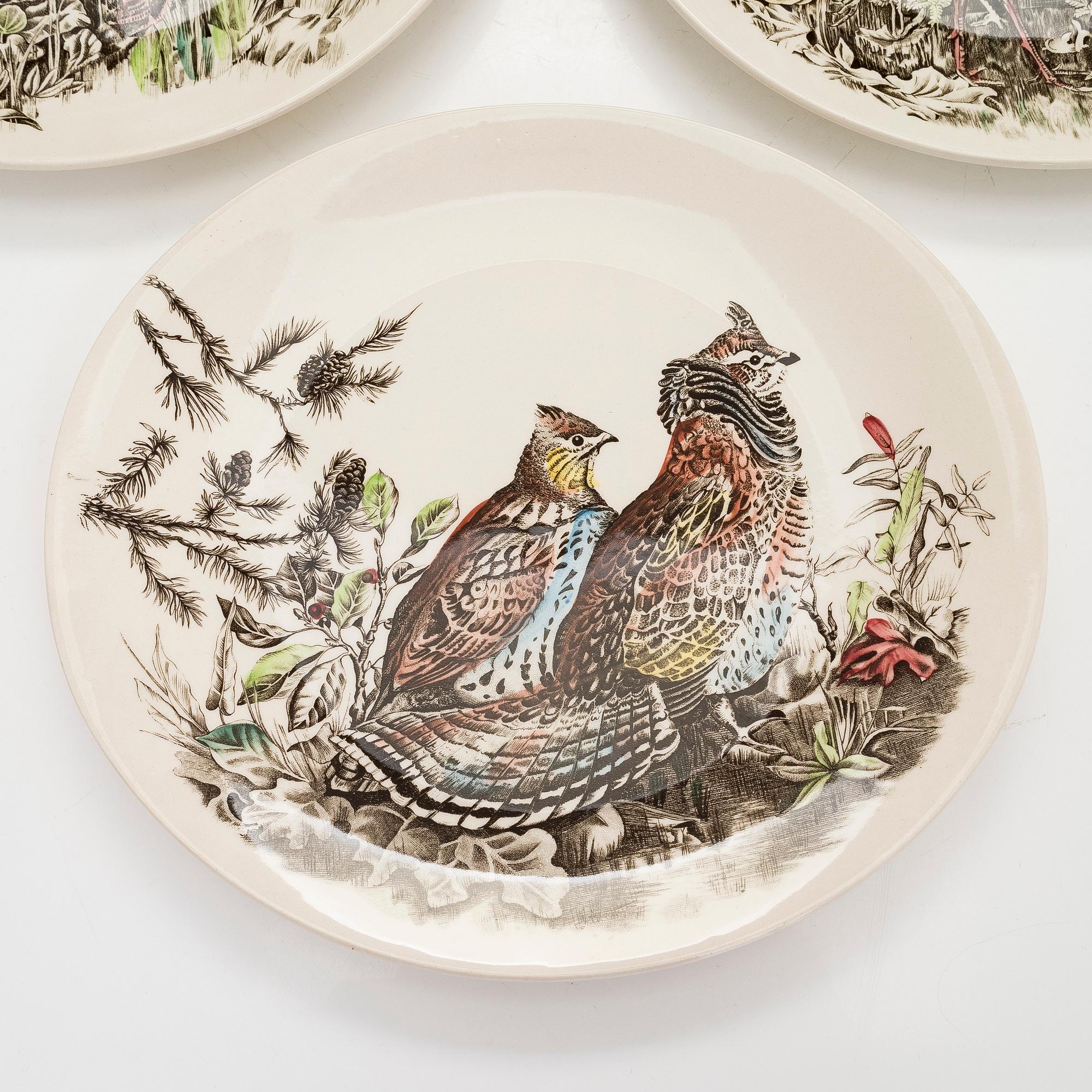 Tallrikar, 9 st "Birds"  flintgods, Johnson bros, England 1900-talets första hälft/mitt.