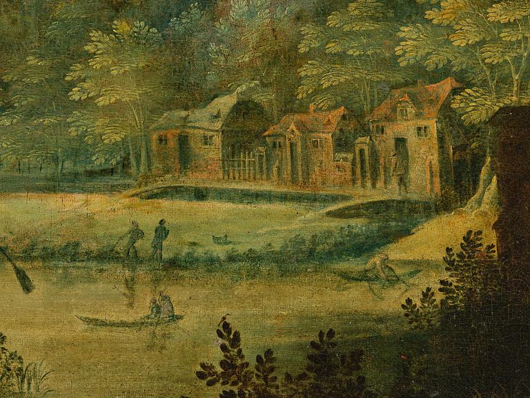 Flemish school, 16th/17th century in the manner of Anton Mirou, Landscape with figure staffage by a village.