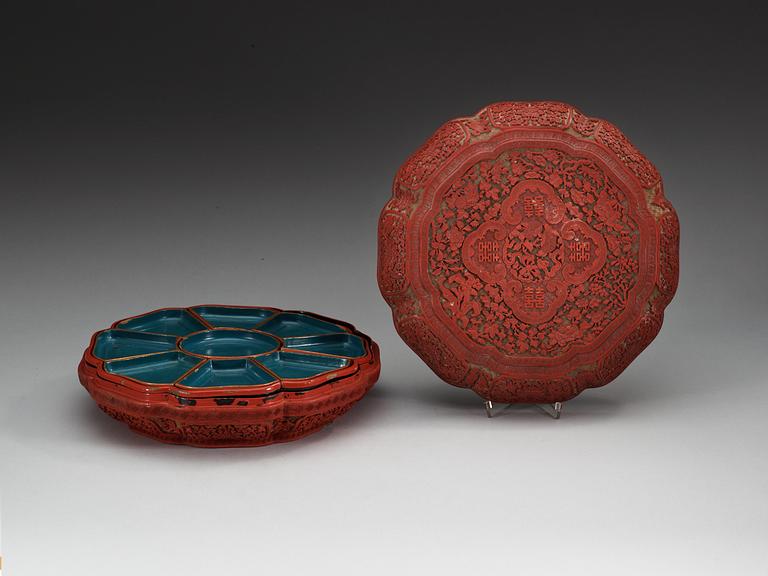 A red lacquer box and cover containing a cabaret, late Qing dynasty.