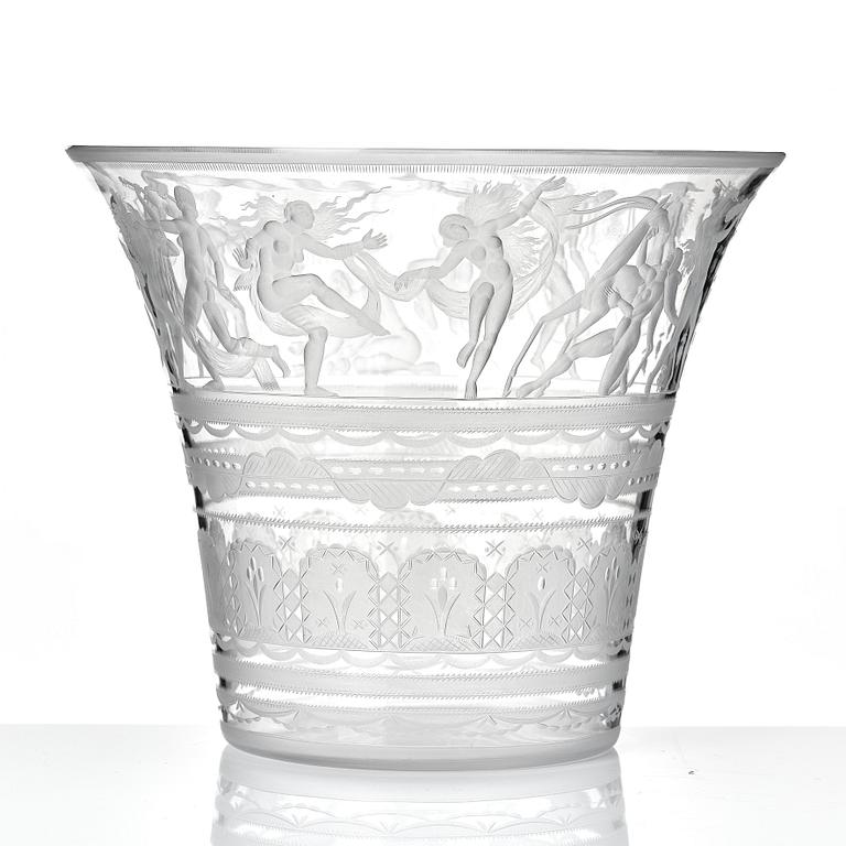 Simon Gate, a Swedish Grace engraved glass bowl, Orrefors, Sweden 1926.