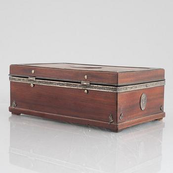 A late gustavian mahogany box with silver mounts by J. P. Möller, Helsingborg, early 19th century.