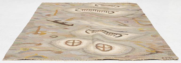 Edvin & Magnhild Lundsten, a carpet, 'Hällristningar' ('Petroglyph'), flat weave, c. 280 x 192 signed EML.