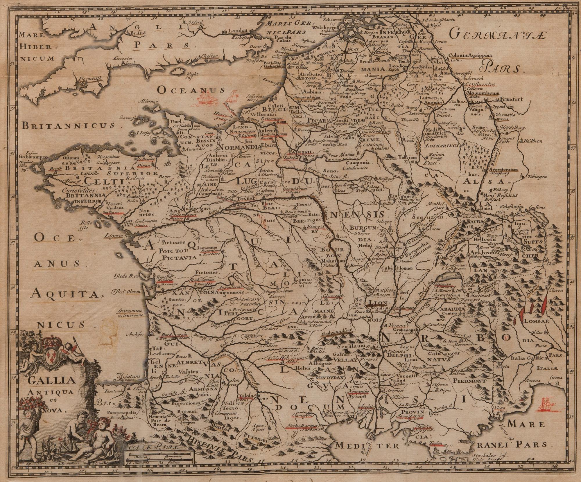 A MAP, hand-coloured copper engraving by Philipp Clüver, 17th century.