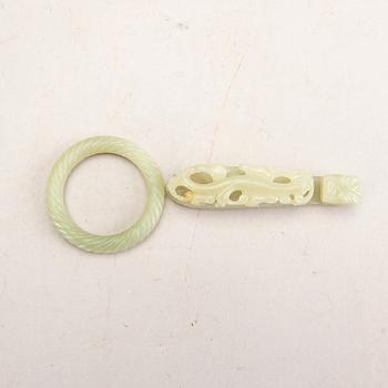 A Chinese nephrite belt hook and bangle, 20th Century.