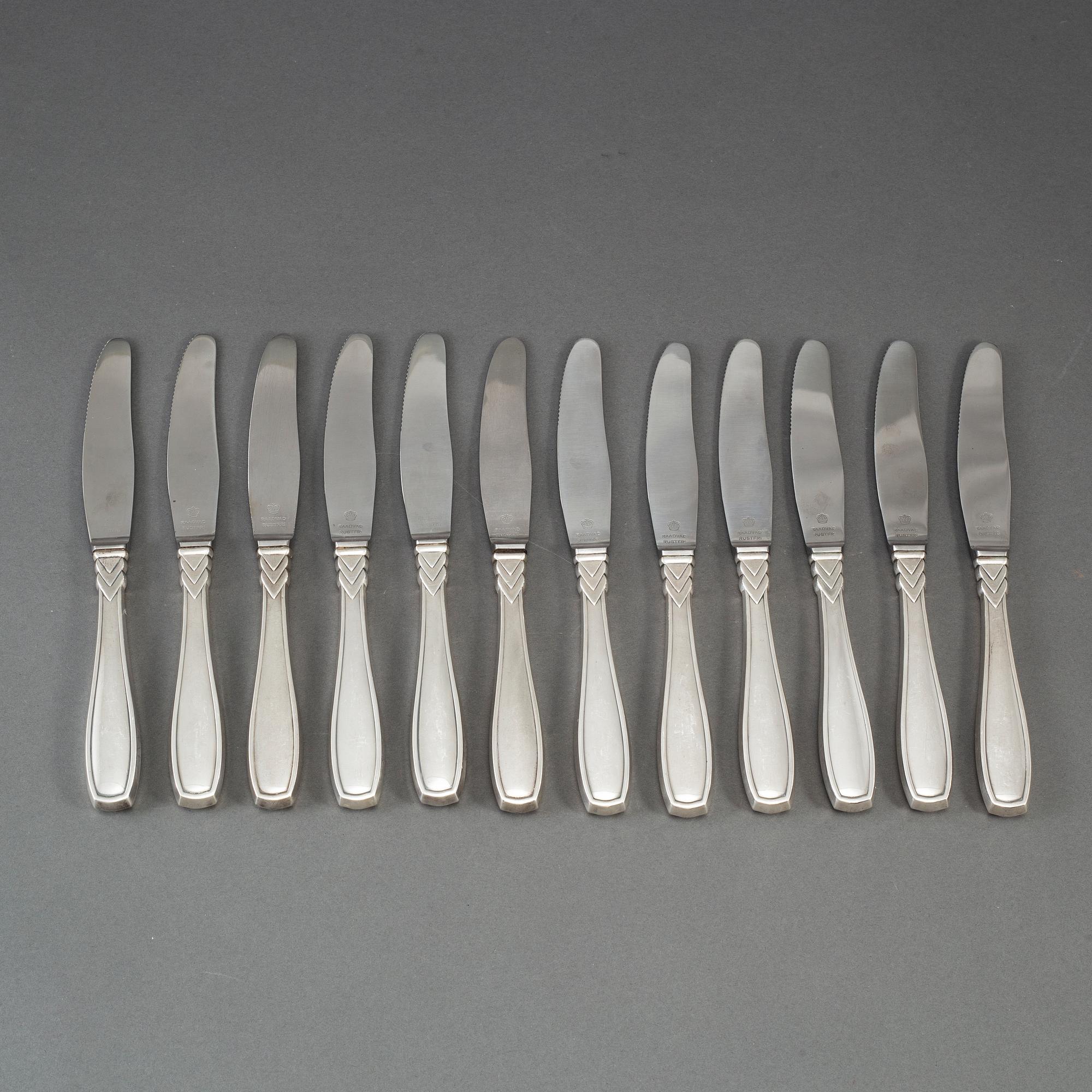 12 silver Art Déco knives, Denmark, most 1930s.