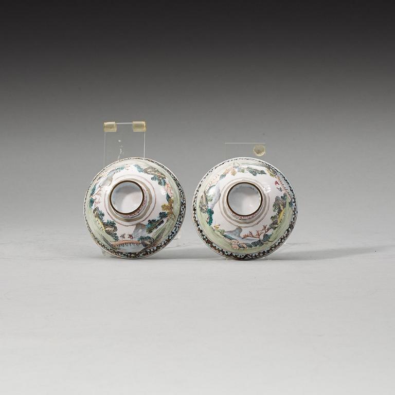 A pair of copper on enaml cups with covers, Qing dynasty, 18th Century.