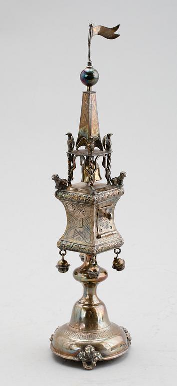 A Russian 19th century silver besamin-tower, makers mark of Swinarski, (St. Petersburg) 1876.