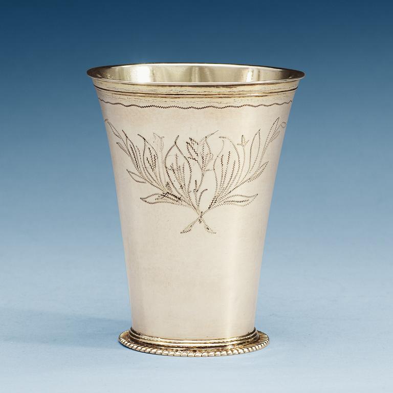 A Swedish 18th century parcel-gilt beaker, makers mark of Sven T. Röding, Växjö (1736-1754).