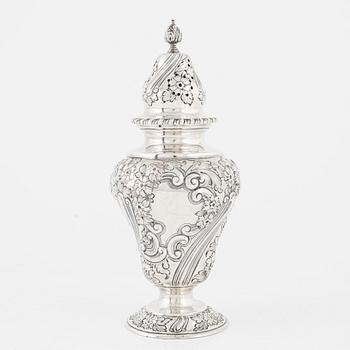 An English silver sugar shaker, marks of Charles Stuart Harris, London 1902.