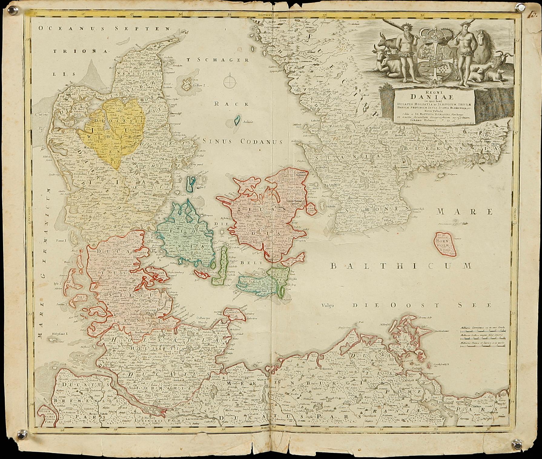 KARTOR, 2 st, kolorerade. Jo. Baptista Homann. Danmark. 1700/1800-tal.
