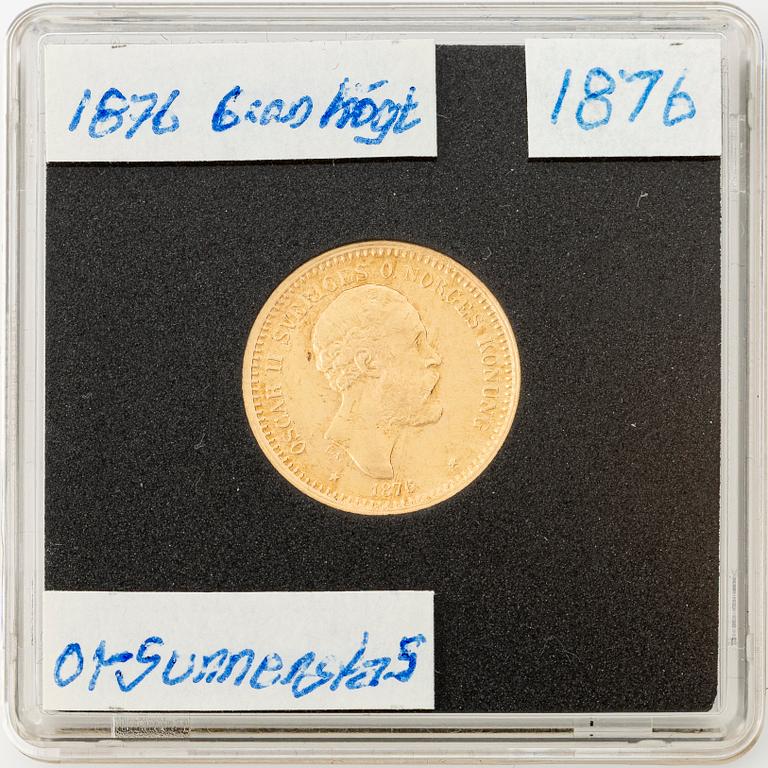 Guldmynt, Oscar II, 10 kronor, typ I, Sverige 1876.