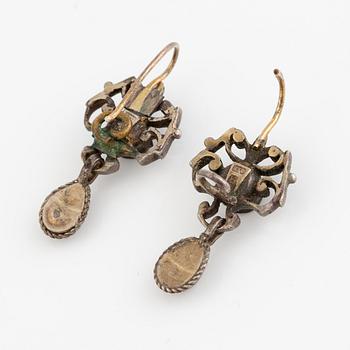 Earrings, two pairs, silver, enamel, pearls, glass stones.