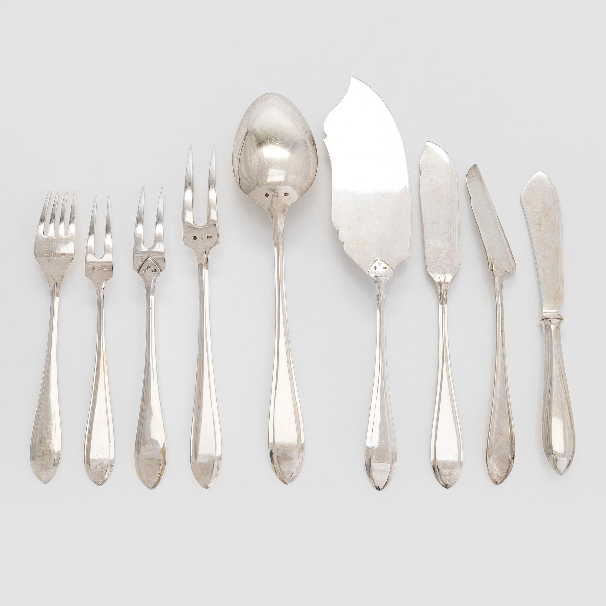 Fish cutlery and serving utensils, totally 37 pieces, silver, Czechoslovakia, 1950s.