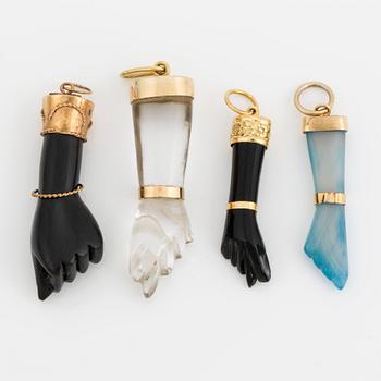Four Mano fico pendant, including rock crystal and chalcedony.