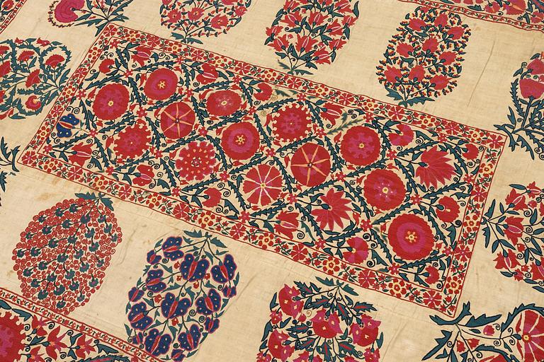 A 19th century Suzani embroidery, probably Nurata region, Uzbekistan, c. 243 x 175 cm.