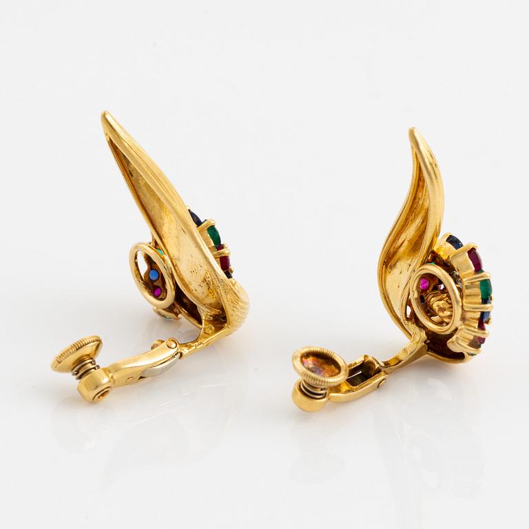 A pair of 18K gold earrings set with round brilliant-cut diamonds and colored stones.