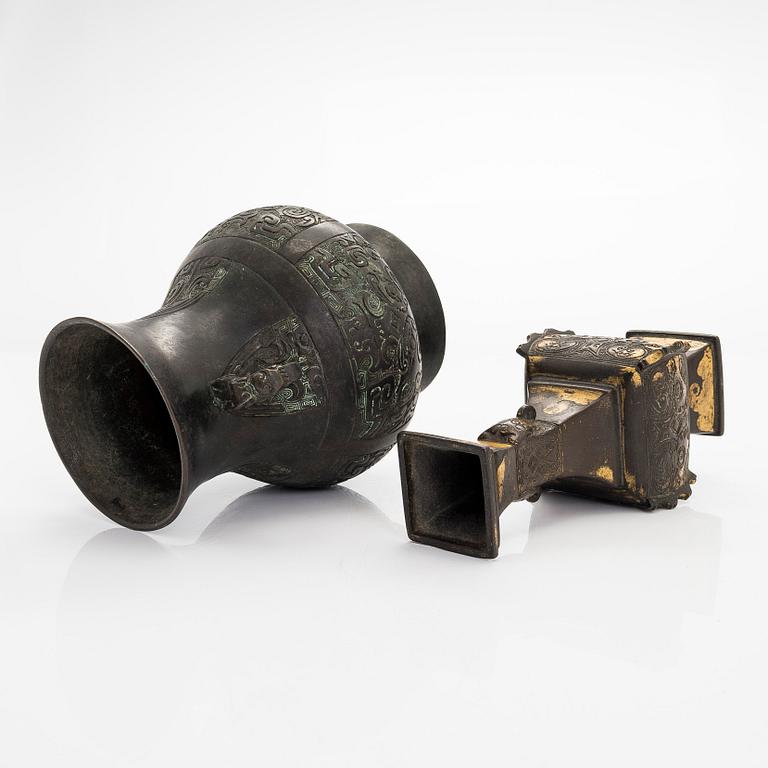 Two bronze vases, one late Qing dynasty and one 20th century.