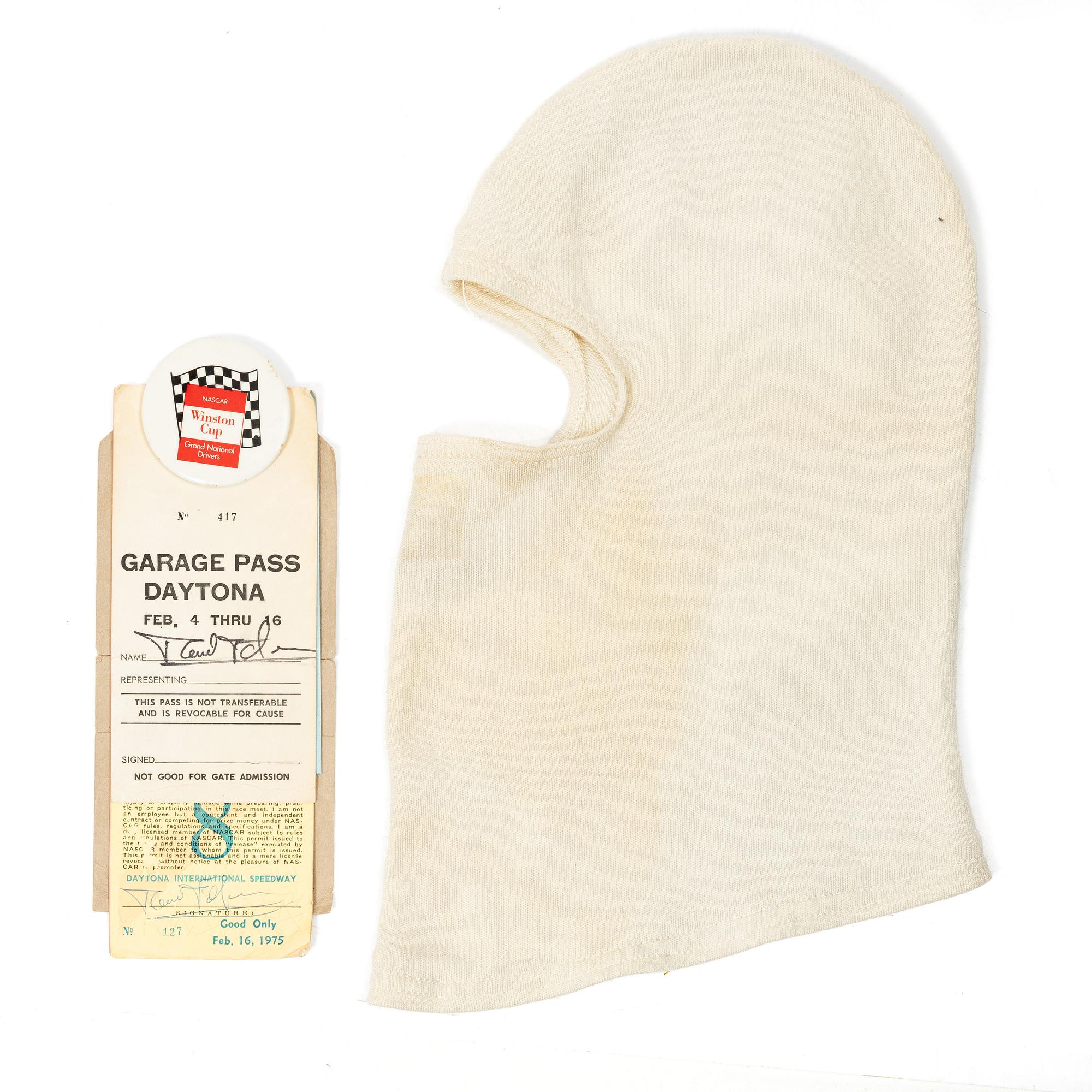 Balaclava/fire hood and access pass for the IROC races at Daytona in February 1975.