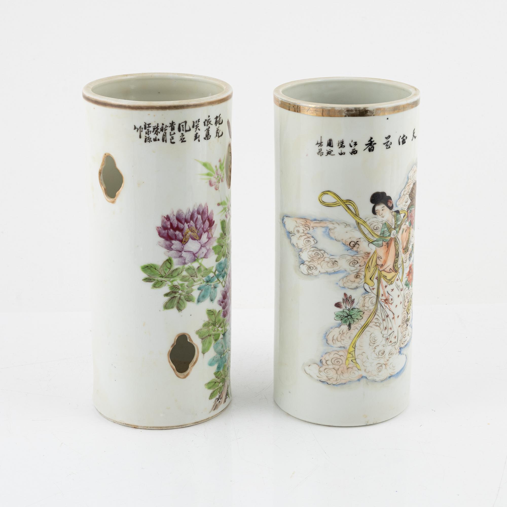 A porcelain brush pot and a porcelain hat stand, China, 20th century.