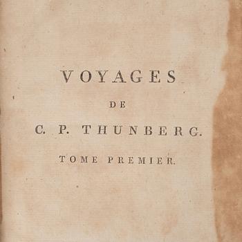 Voyage de C.P. Thunberg au Japon, four volumes, french leather binding, Paris, 1796.