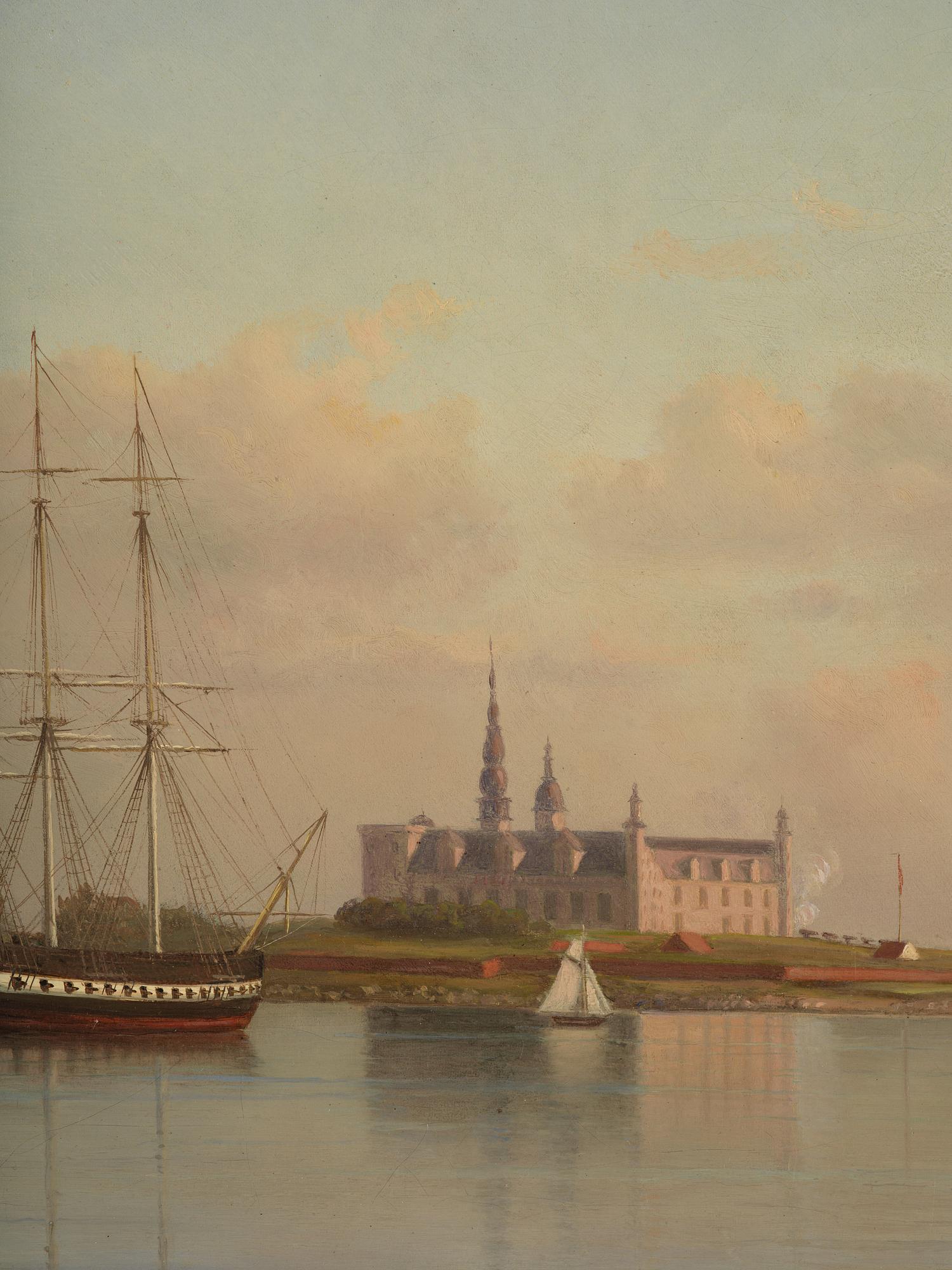 Ehrnfried Wahlqvist Warship at anchor in calm waters by Kronborg Castle.